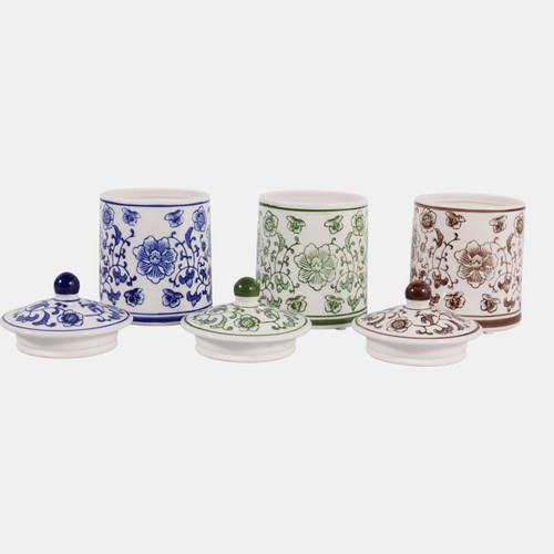 23668#S/3 Cer, 6" Chinoiserie Jar,wht/blu/grn/brwn