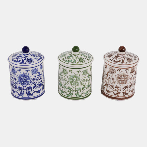 23668#S/3 Cer, 6" Chinoiserie Jar,wht/blu/grn/brwn