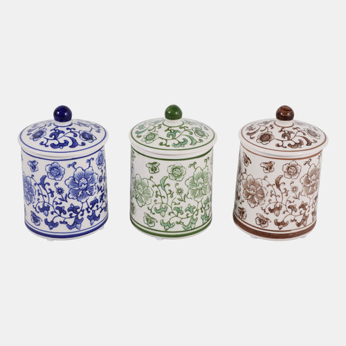 23668#S/3 Cer, 6" Chinoiserie Jar,wht/blu/grn/brwn