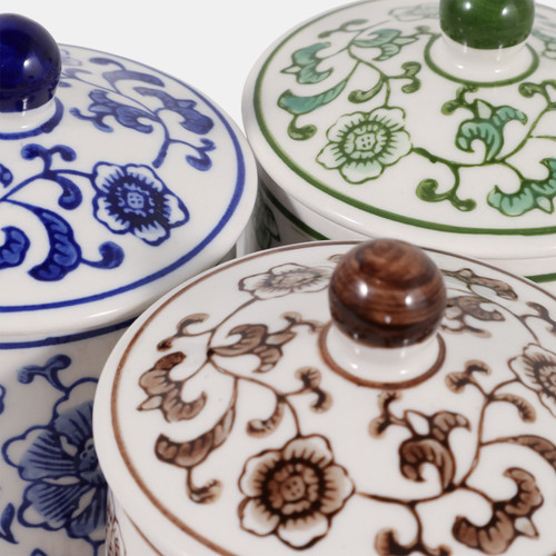 23668#S/3 Cer, 6" Chinoiserie Jar,wht/blu/grn/brwn