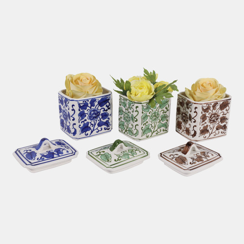 23669#S/3 Cer, 6" Chinoiserie Jar,wht/blu/grn/brwn