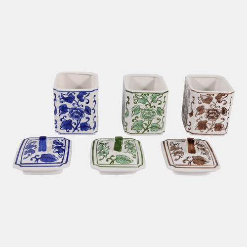 23669#S/3 Cer, 6" Chinoiserie Jar,wht/blu/grn/brwn