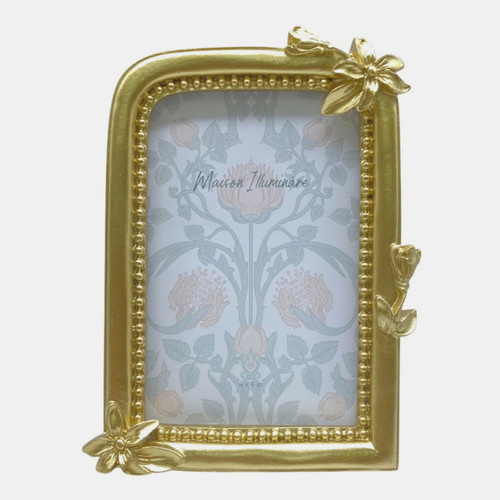 23686#4x6" Arch Photo Frame With Flowers, Gold