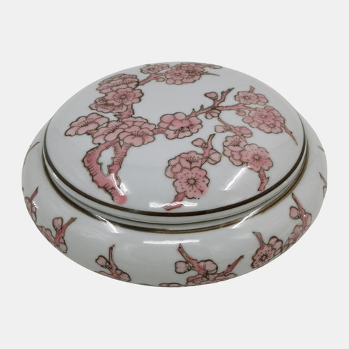 23704#7" Cherry Blossom Chinoiserie Round Box, Pink/whit