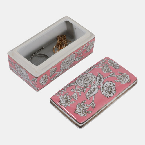 23705#8x5" Flower Chinoiserie Box, Pink/white