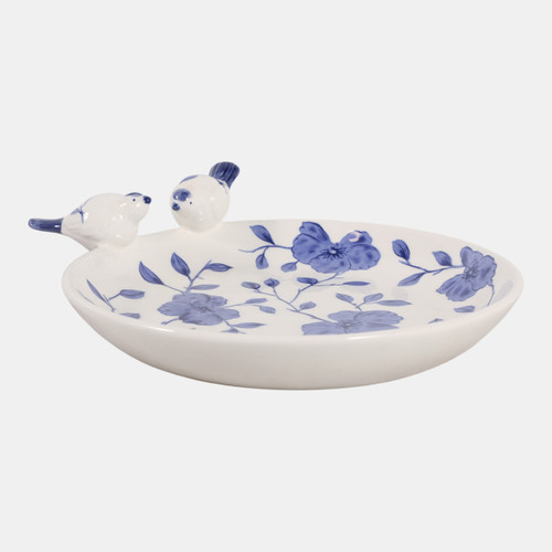 23698-05#10x9" Floral Cinoiserie Bird Bath, Blue/white