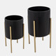 12629-07#S/2 Textured Planter On Metalstand, Black/gld