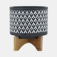 15035-02#Ceramic 8" Aztec Planter On Wooden Stand, Gray