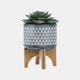15035-03#Ceramic 5" Aztec Planter On Wooden Stand, Gray