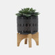 15036-03#Ceramic 5" Aztec Planter On Wooden Stand, Black