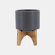 15798-01#5" Planter W/ Wood Stand, Matte Gray