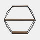 13884-09#Metal/wood 3 Tier Hexagon Wall Shelf, Brown/black