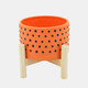 15902-03#  6" Dotted Planter W/ Wood Stand, Orange