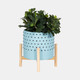 15903-01#  10" Dotted Planter W/ Wood Stand, Blue