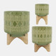 15036-04#Ceramic 5" Aztec Planter On Wooden Stand, Olive