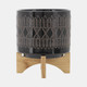 15036-11#Cer, S/2 5/8" Aztec Planter On Wooden Stand, Black