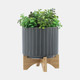 16101-04#Cer, S/2 5/8" Stripes Planter W/ Stand, Gray