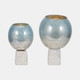 18832-01#Glass, 13" Bowl Pillar Holder Marble Base, Aqua/wh