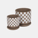 20238-01#S/2 5/6" Checkerboard Saucer Planters, White/tan