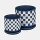20238-03#S/2 5/6" Checkerboard Saucer Planters, Blue/white
