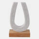 22561#8x5" Marble Horseshoe On Wood Base, White/natural