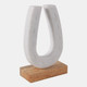 22561#8x5" Marble Horseshoe On Wood Base, White/natural
