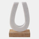 22561#8x5" Marble Horseshoe On Wood Base, White/natural