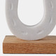 22561#8x5" Marble Horseshoe On Wood Base, White/natural
