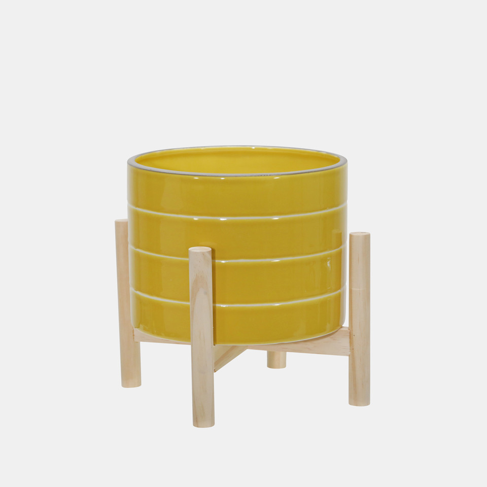 8" Ceramic Fluted Planter W/ Wood Stand, Black Sagebrook Home