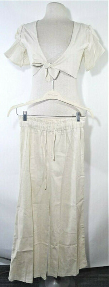 CBR Women's Beige Linen Tie Front Blouse & Paper Bag Waist Pants Size L *NEW*