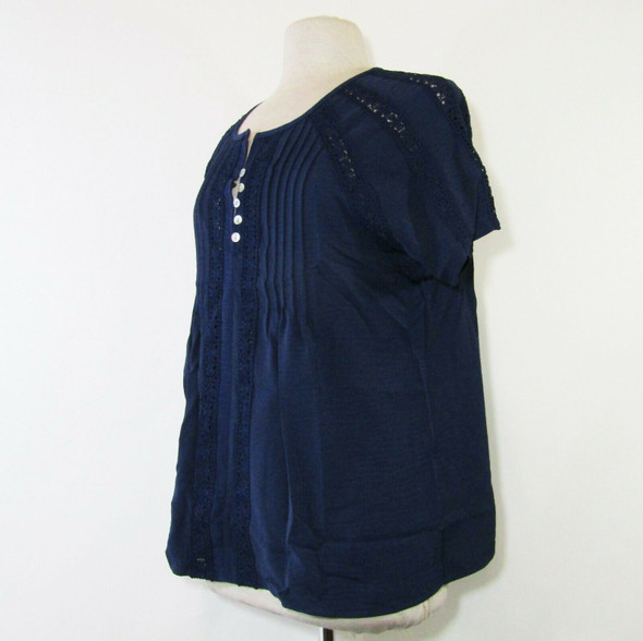 Women's Navy Blue Short Sleeve 1/4 Button Lace Blouse Size L **NEW IN PACKAGE**