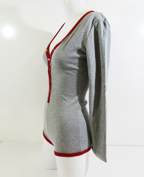 Roselux Women's Gray Long Sleeve Deep V-Neck Button Up Bodysuit Size S **NEW