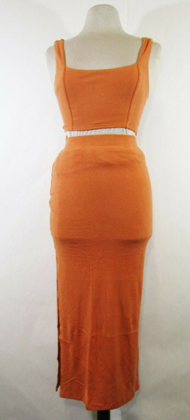 Lena Women's 2 Piece Ribbed Body Contour Skirt & Crop Top in Rust Size S **NEW