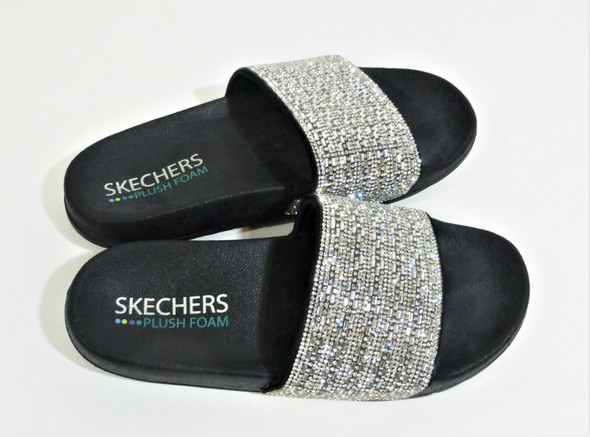 Skechers Plush Foam Black Slides with Crystal Accents Size 9 *Pre-Owned*