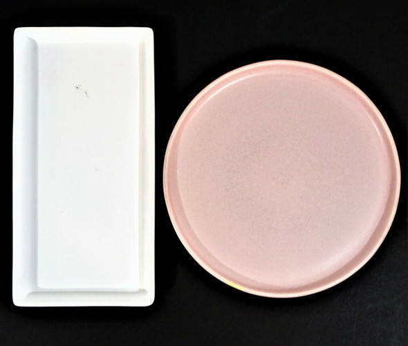 CB2 White Rubber Coated Tank Tray & Pastel Pink Stoneware Dinner Plate