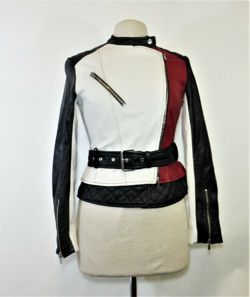 French Connection Leather Belted Waist Moto Jacket Red, White, Black Sz 2 *NWT*