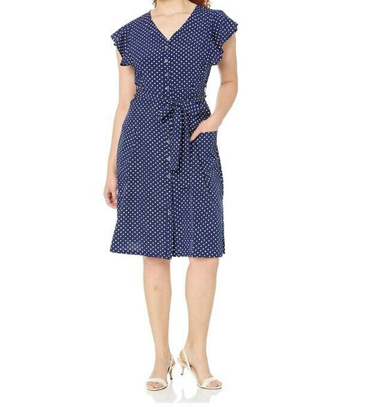 MITILLY Dark Blue Polka Dot V-Neck Midi Dress w/ Pockets Women's Size L *NEW*