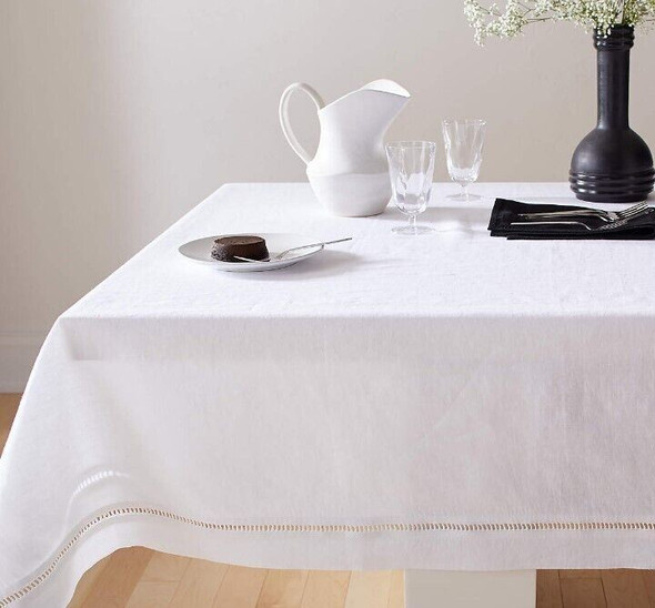 CB2 Eyelet White Linen Tablecloth 60''x120" *HAS A MARK OR STAIN*