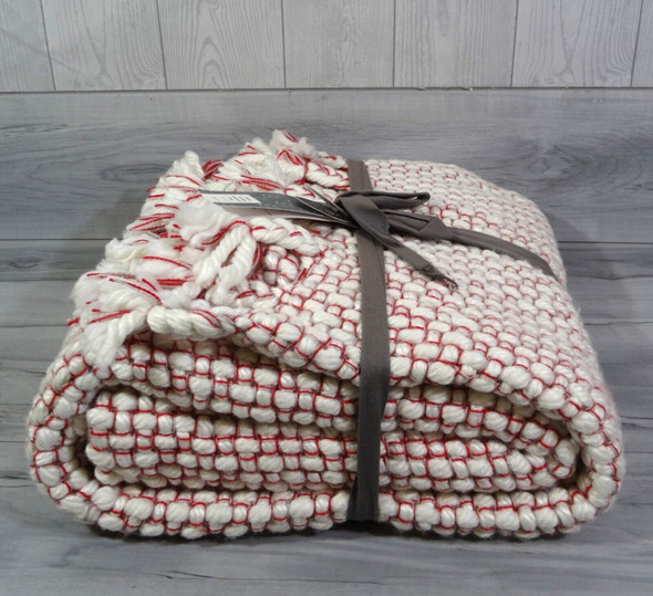 West Elm Chunky Two Tone Red & White Hand Woven Throw 50" x 60" *NEW*