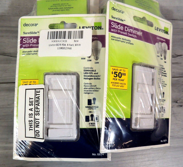 4 PACK Leviton 6674 Sure Slide Dimmer Universal 150W LED -600W Incandescent *New