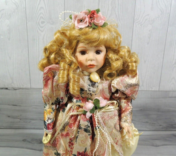 Limited Edition Porcelain Doll - 16" Blonde Curls - Pink/Gold Dress w/ Stand
