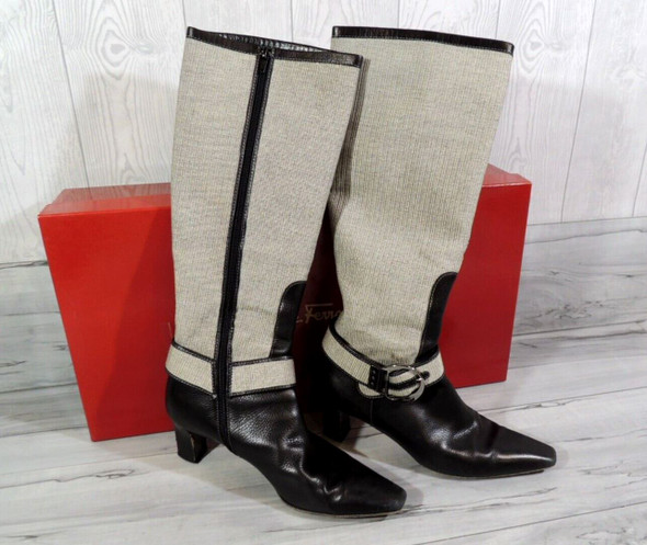 Salvatore Ferragamo Tall Knee Boots - Textile & Black Leather - Womens Sz 10 Box