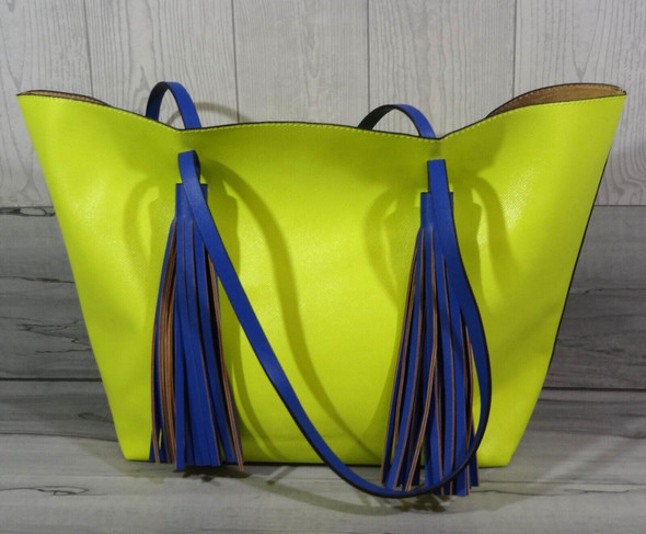 Neiman Marcus Chartreuse Pebbled Leather Tote Bag w/ Blue Tasseled Handles