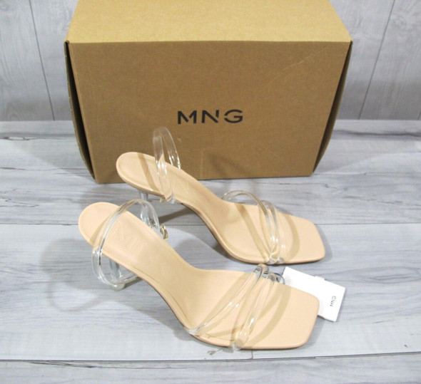 MNG Womens 4" Heels with Clear Straps - Open Toe - Beige - Size 10  *New in box