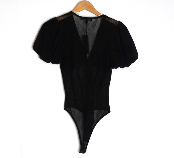 Lulus Black Sheer Midriff Puff Sleeve Lace Bodysuit Women's Size S *NEW*
