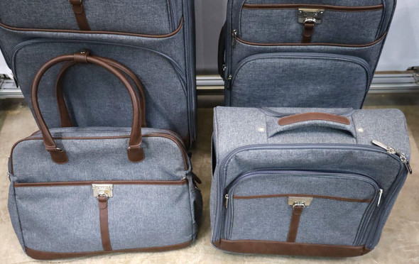 Chaps 4-Piece Luggage Set - Gray fabric w/ brown trim - 3 pieces have rollers
