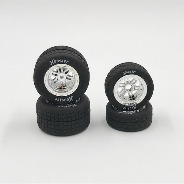 1RC5529  FR/RR Soft Tires & Chrome Wheels, Hoosier, 1/18 Midget (4)