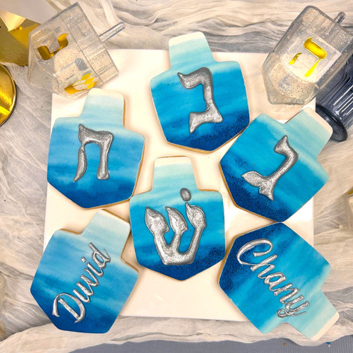Custom Chanukah Ombre Blue Dreidel  Icing Cookies - 8 per 9x13 Platter