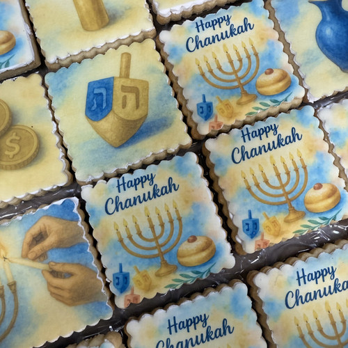 Watercolor Scalloped Square Chanukah Cookie Set - 12 per Tray