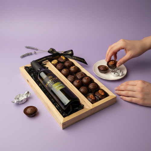 Gift Set: 2 Sectional Wood Tray with Wine & Assorted Chocolate Truffles